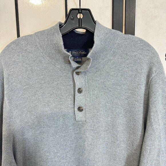 Brooks Brothers Sweater Pullover Size L Henley Waffle Knit Cashmere Cotton Gray - Picture 2 of 5